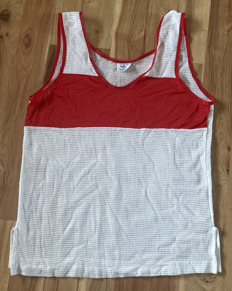 Vintage Adidas 1980s Running Tank Top Size M Red White Mesh USA Made