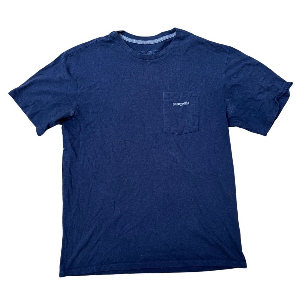 Patagonia Line Logo Ridge Stripe Organic Pocket T-Shirt Size Small Navy Blue