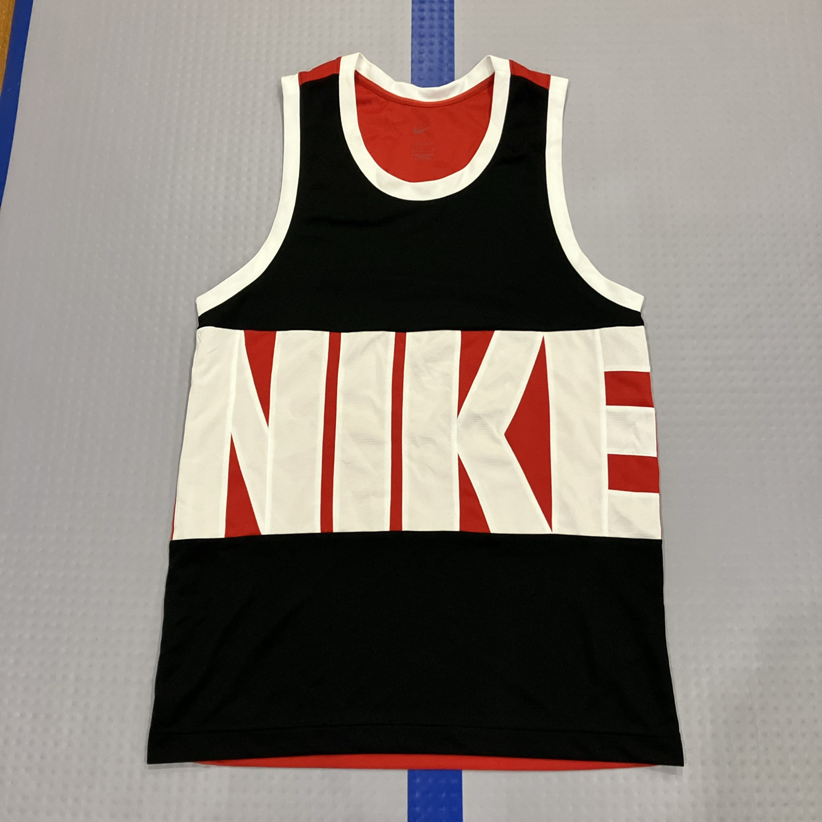 Nike DRI-FIT Mens Small Running Jersey Tank Top Red Black White Spell Out Muscle gallery