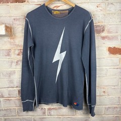 Aviator Nation L Lightning Bolt Thermal Waffle Knit Long Sleeve Blue Made in USA