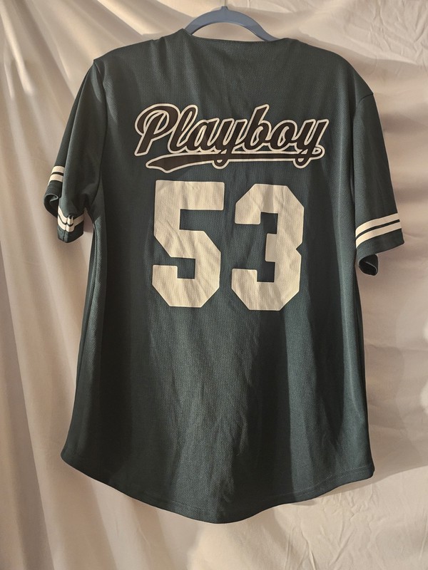 Playboy Men's Green Button Up Baseball Jersey Short Sleeve Bunny Size Sm gallery
