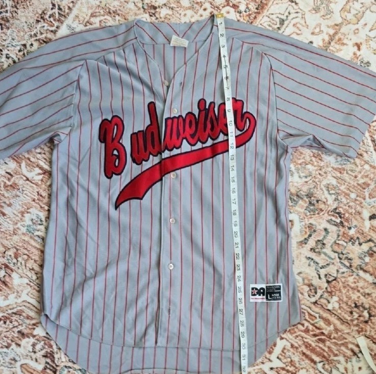 Vintage Budweiser Men's Gray And Red Striped Base Jersey Size L gallery