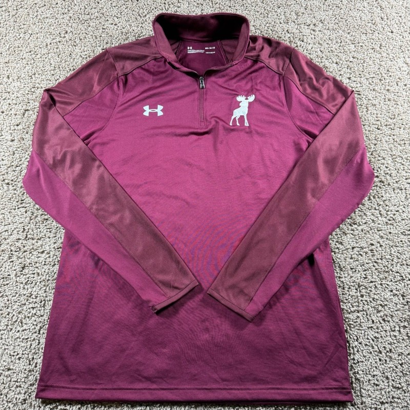 Under Armour loose 1/4 Zip Pullover Moose Logo Athletic Shirt Mens Medium Maroon gallery
