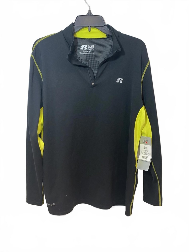 Russell Athletic Men's Black and Yellow Dri-Power Long Sleeve Quarter Zip XL
