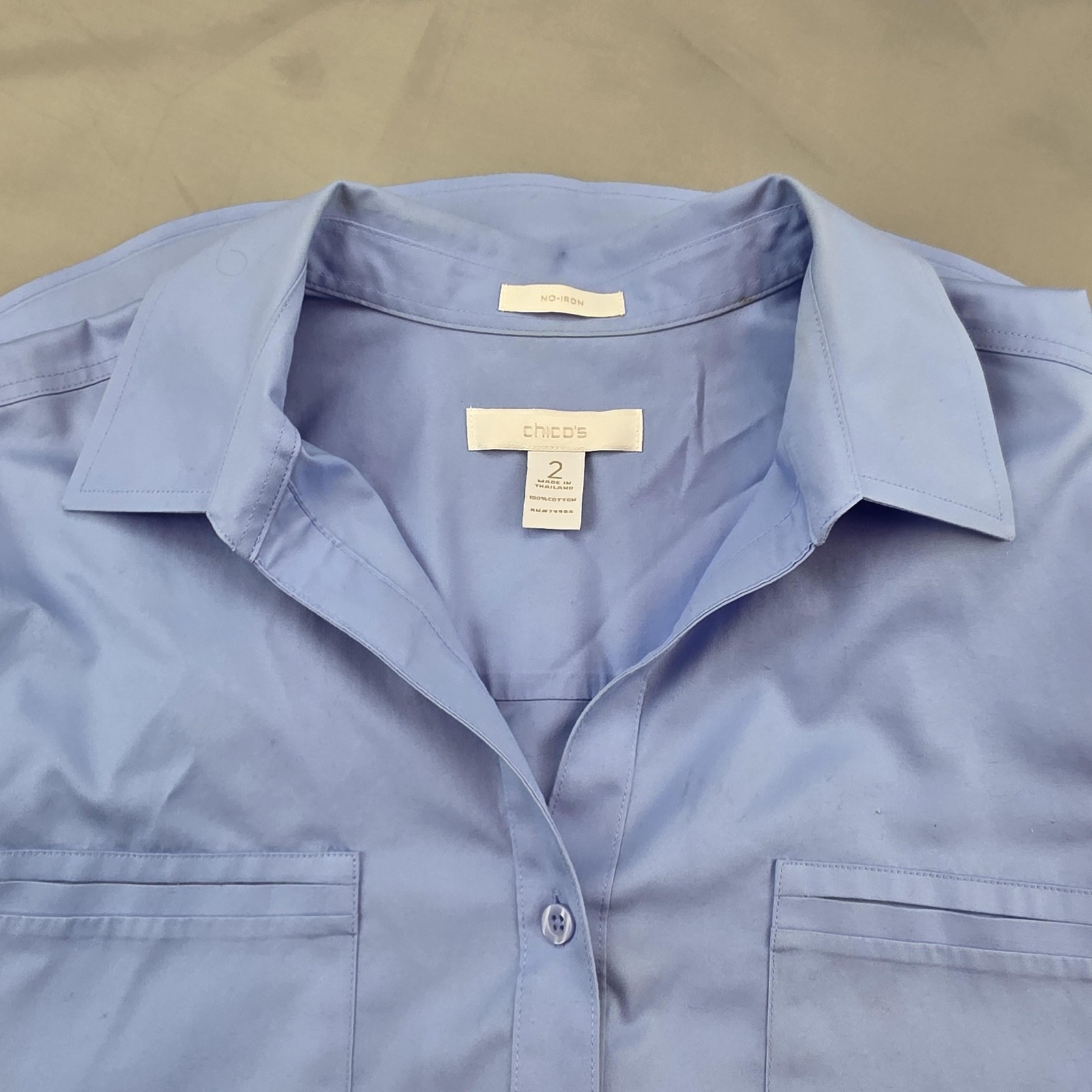Chico's Button Up Shirt Womens 2 Blue Short Sleeve No Iron Cotton Top Casual gallery