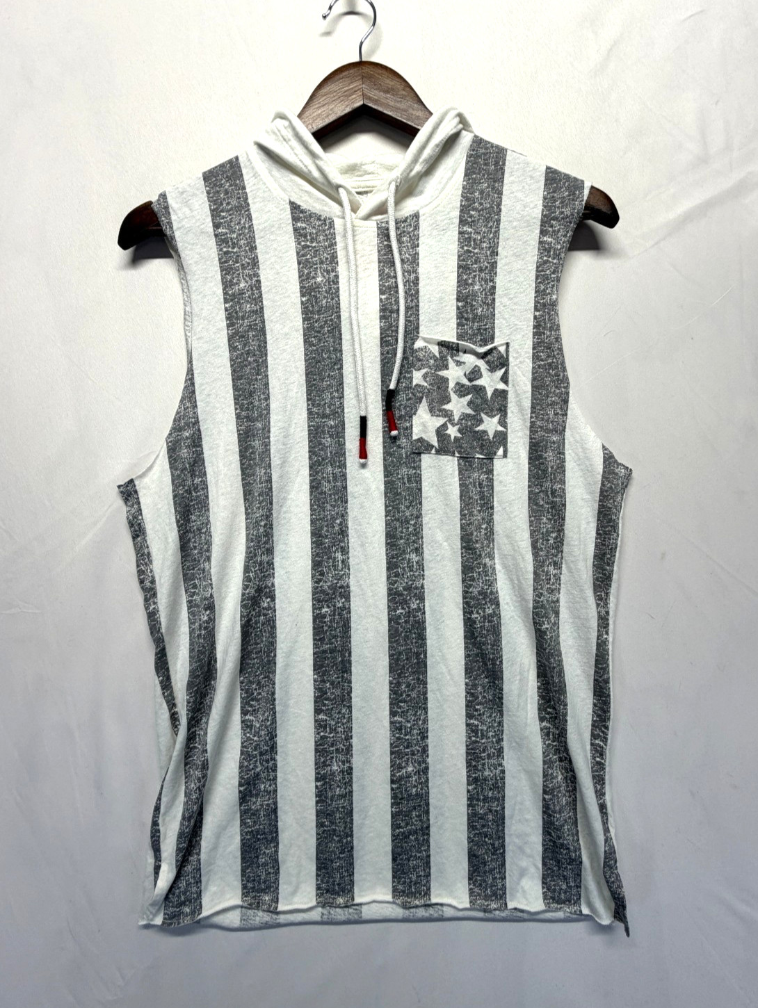American Rag Cie Hooded Tank Top Mens S White Gray Striped Sleeveless Drawstring gallery