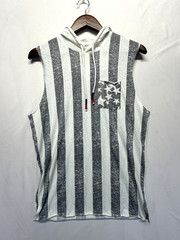 American Rag Cie Hooded Tank Top Mens S White Gray Striped Sleeveless Drawstring