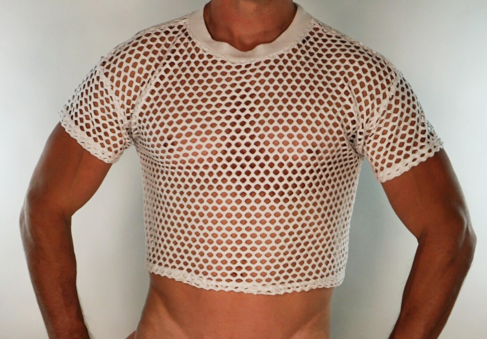 WHITE CROPPED MESH SHORT SLEEVE SHIRT SIZE M gallery