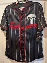 Marvel Punisher Mens S Logo Pinstripe Baseball Style Jersey Button Up NEW!