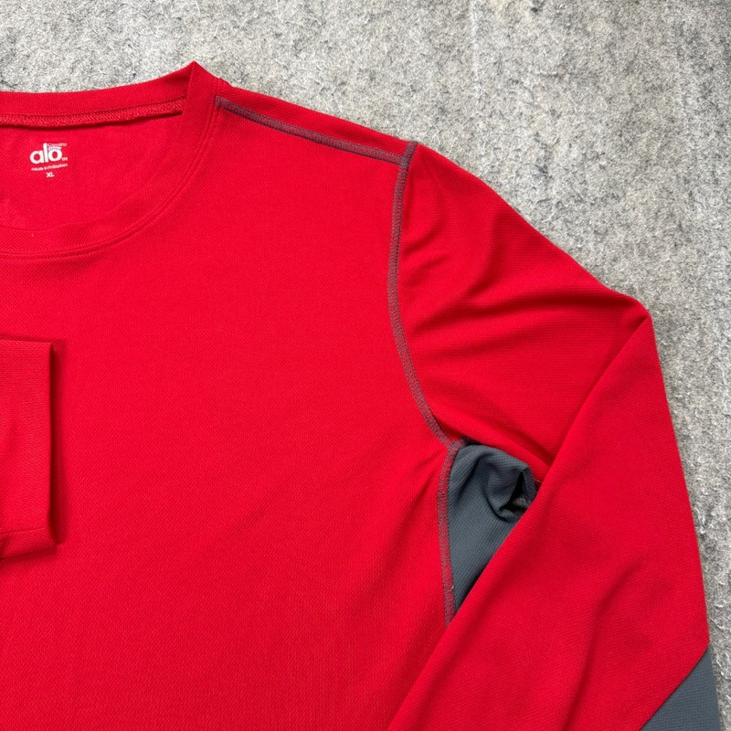 ALO Yoga Shirt Men XL Red Gray Long Sleeve Colorblock Crew Neck CoolFit gallery