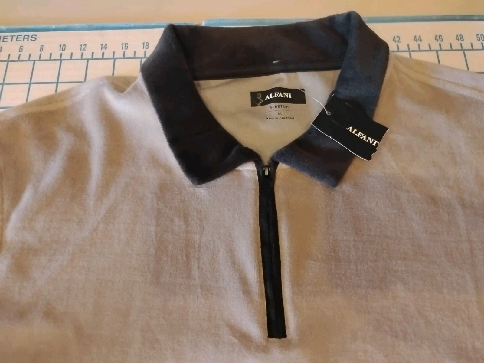 MENS XLARGE BLACK/KHAKI /CREAM SLIM ZIP COLLAR VELVET POLO SHIRT - NWT gallery