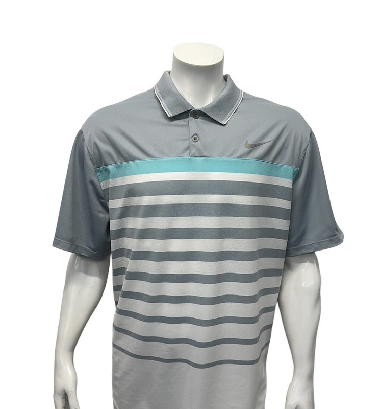 Nike Golf Tour Performance Dri Fit Gray White Green Stripe Men's Polo Shirt XXL gallery