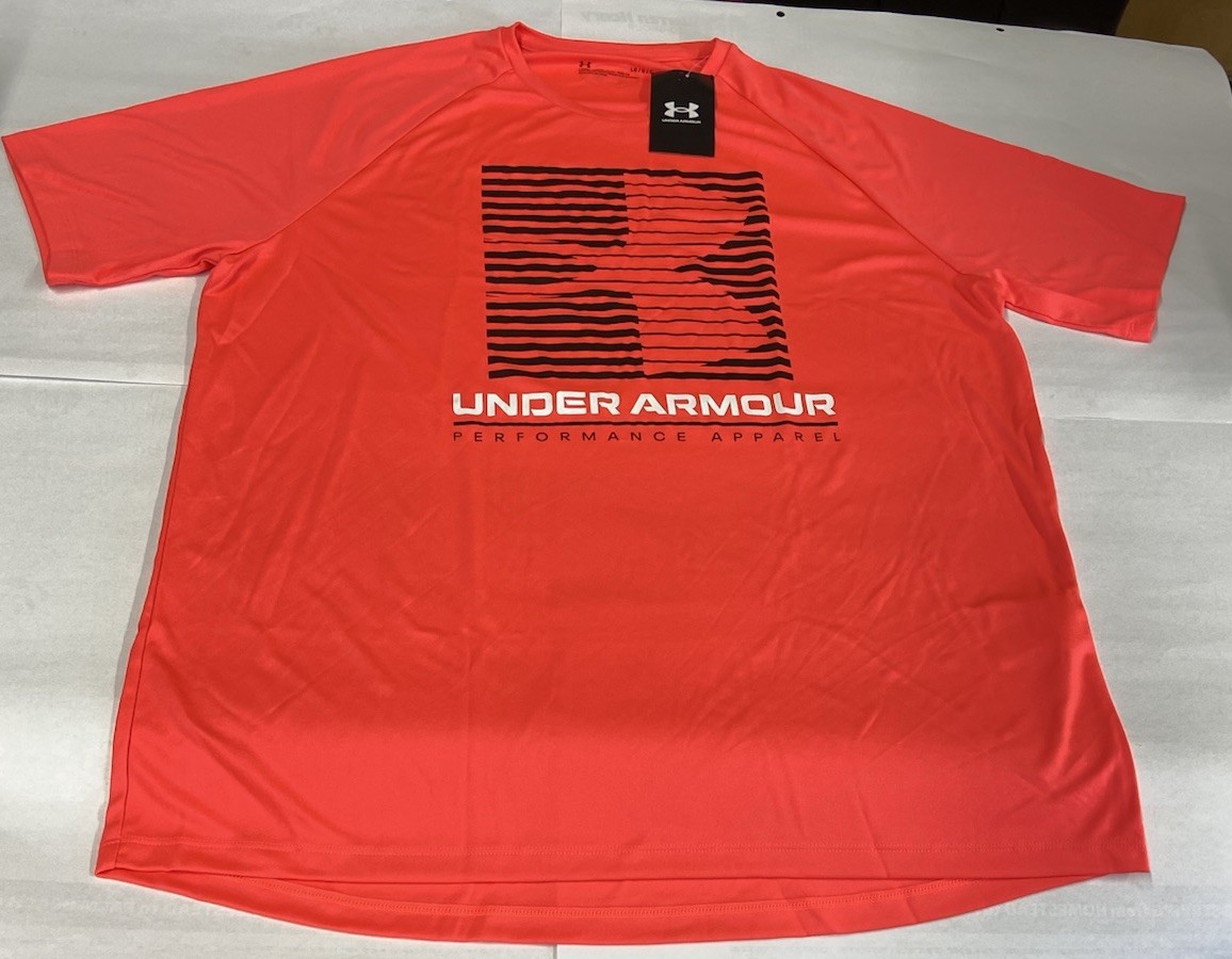 MEN'S UNDER ARMOUR UA VELOCITY GRAPHIC SS CREW NEON ORANGE SHORT SLEEVE SIZE L/G gallery