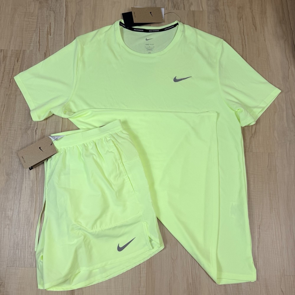 Nike Miler Dri-FIT 2Pc Running Set Men's Size XL Reflective Green Shirt Shorts