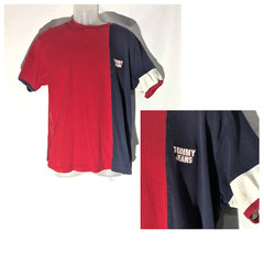 Vintage Tommy Jeans Hilfiger Red White & Blue Flag S/S Logo Shirt Top Men’s Sz L