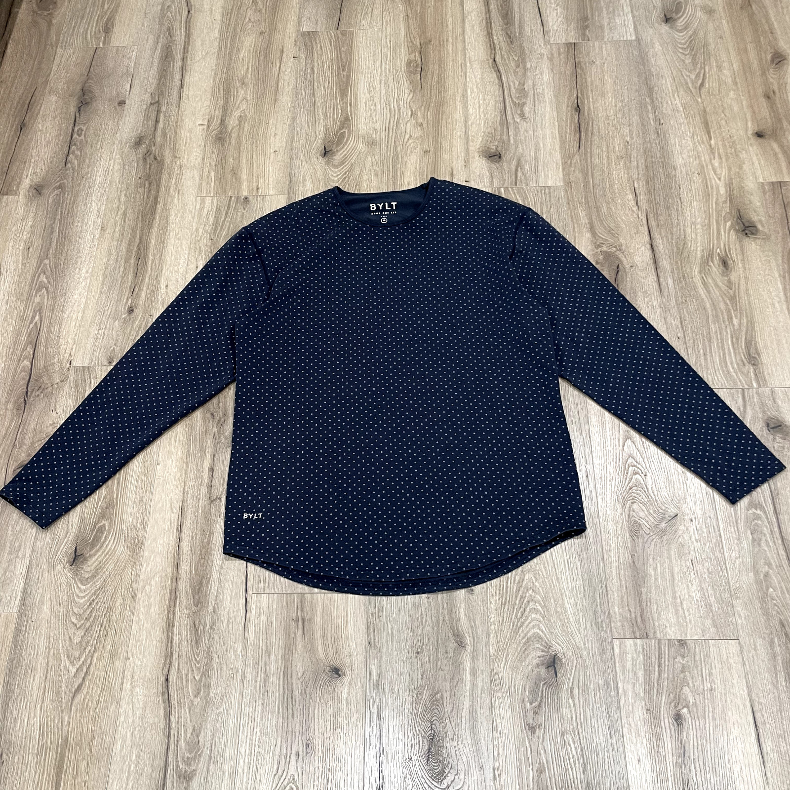 BYLT Drop Cut Lux Tee Men's Size XL Blue Shirt Knit Polka Dot Long Sleeves gallery