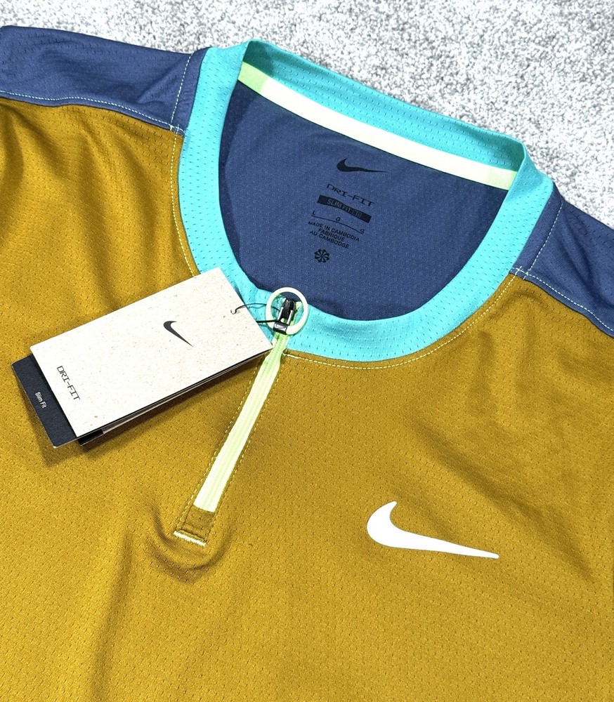 NWT! Nike Court Dri-Fit ADV Tennis Shirt Gold Teal-DD8321-718-Men’s L
