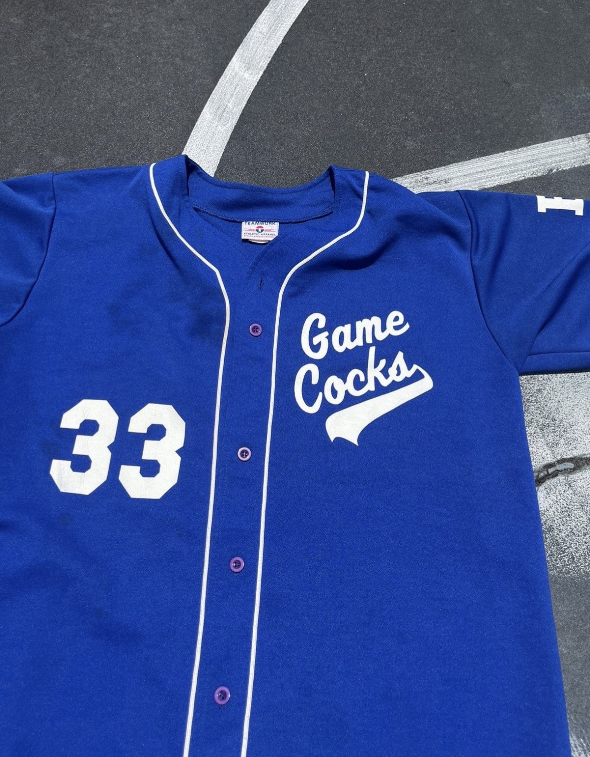 Vintage “Game Cocks” Baseball Jersey Blue Teamwork 90s #33 Funny Button Up gallery