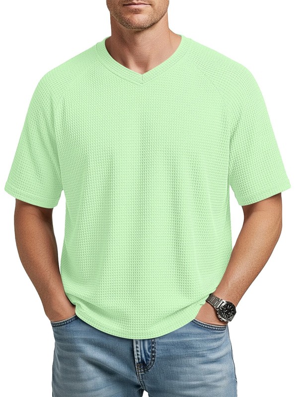 Men's Waffle Knitted Versatile Shoulder Sleeve V-neck Short Sleeve Men's T-shirt gallery