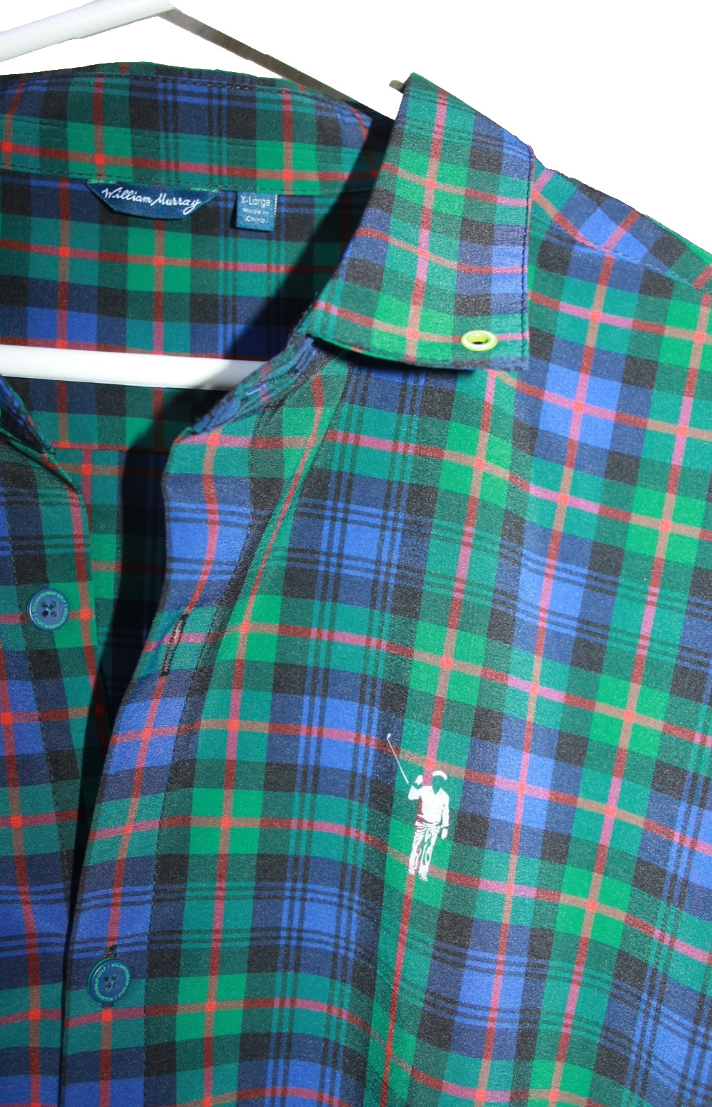 WILLIAM MURRAY Mens XL Performance LS Shirt Blue/Green Plaid cotton spandex gallery