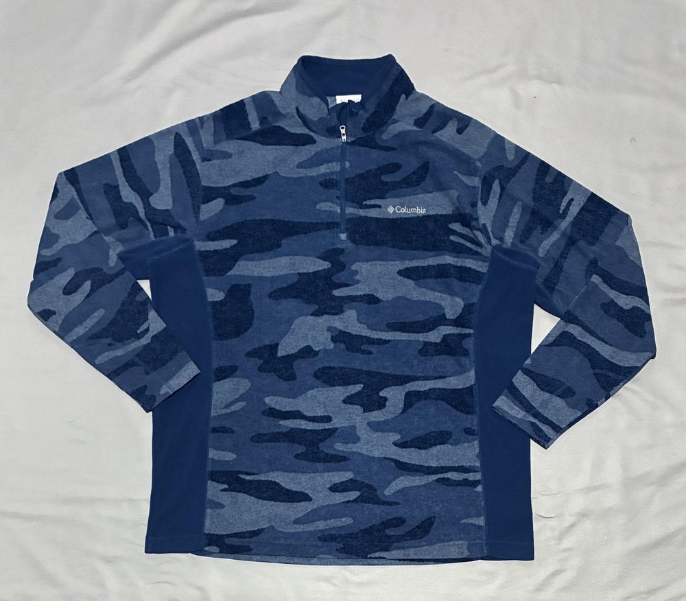 Columbia Pullover Mens XL Blue Camo 1/4 Zip Long Sleeve Fleece Hiking Outdoor
