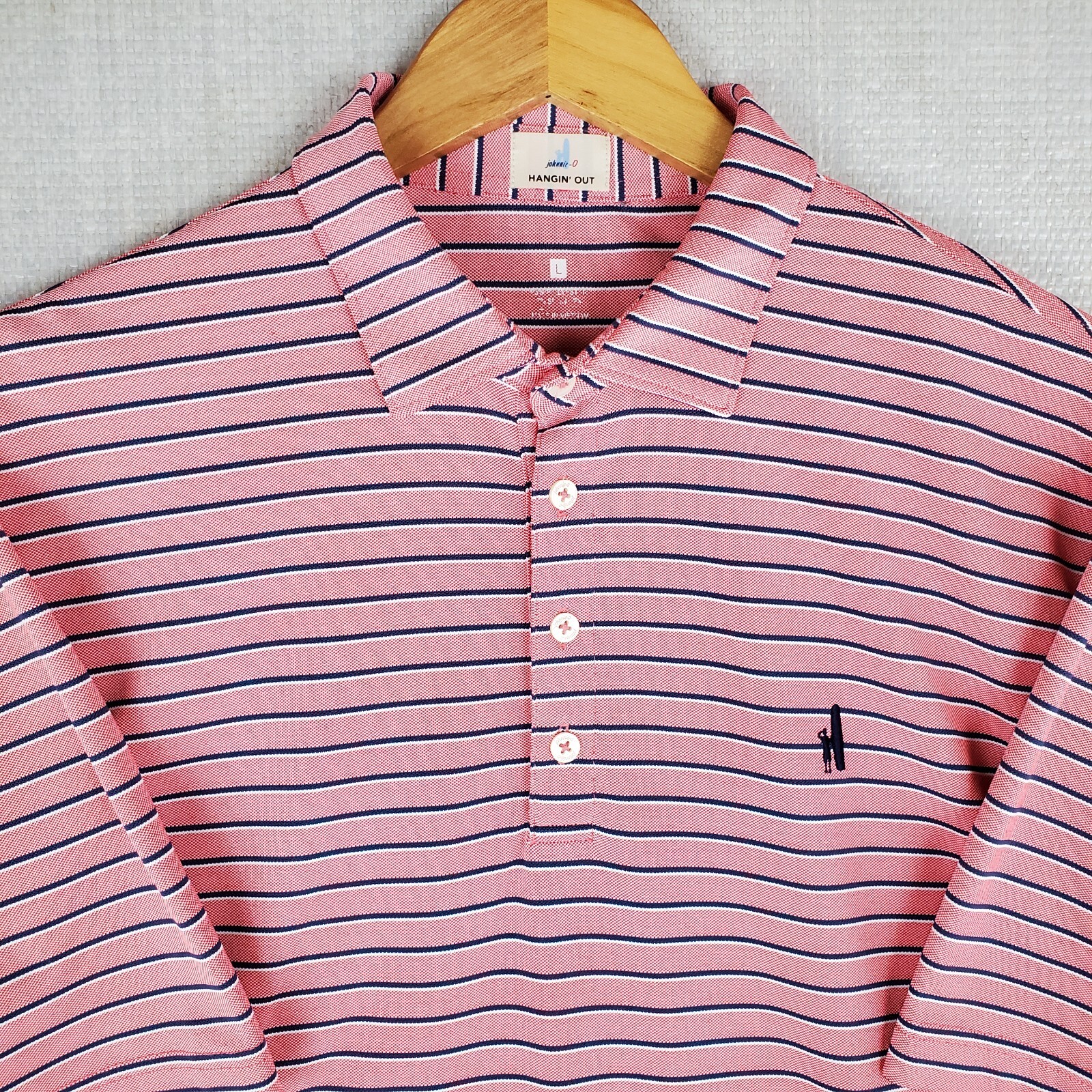 JOHNNIE-O Size Large Mens Salmon Striped Polo Shirt Performance Golf Wicking gallery
