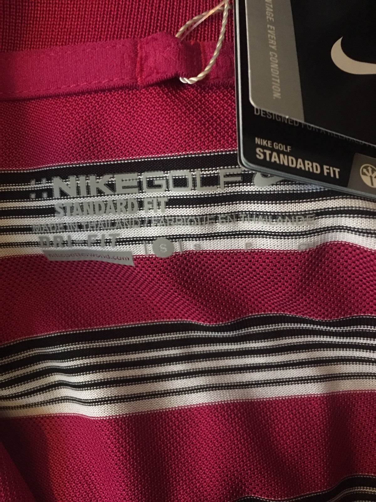 NWT $65 NIKE Golf Mens Polo Tech Dri Fit Pink/ White/Black Striped ~small gallery