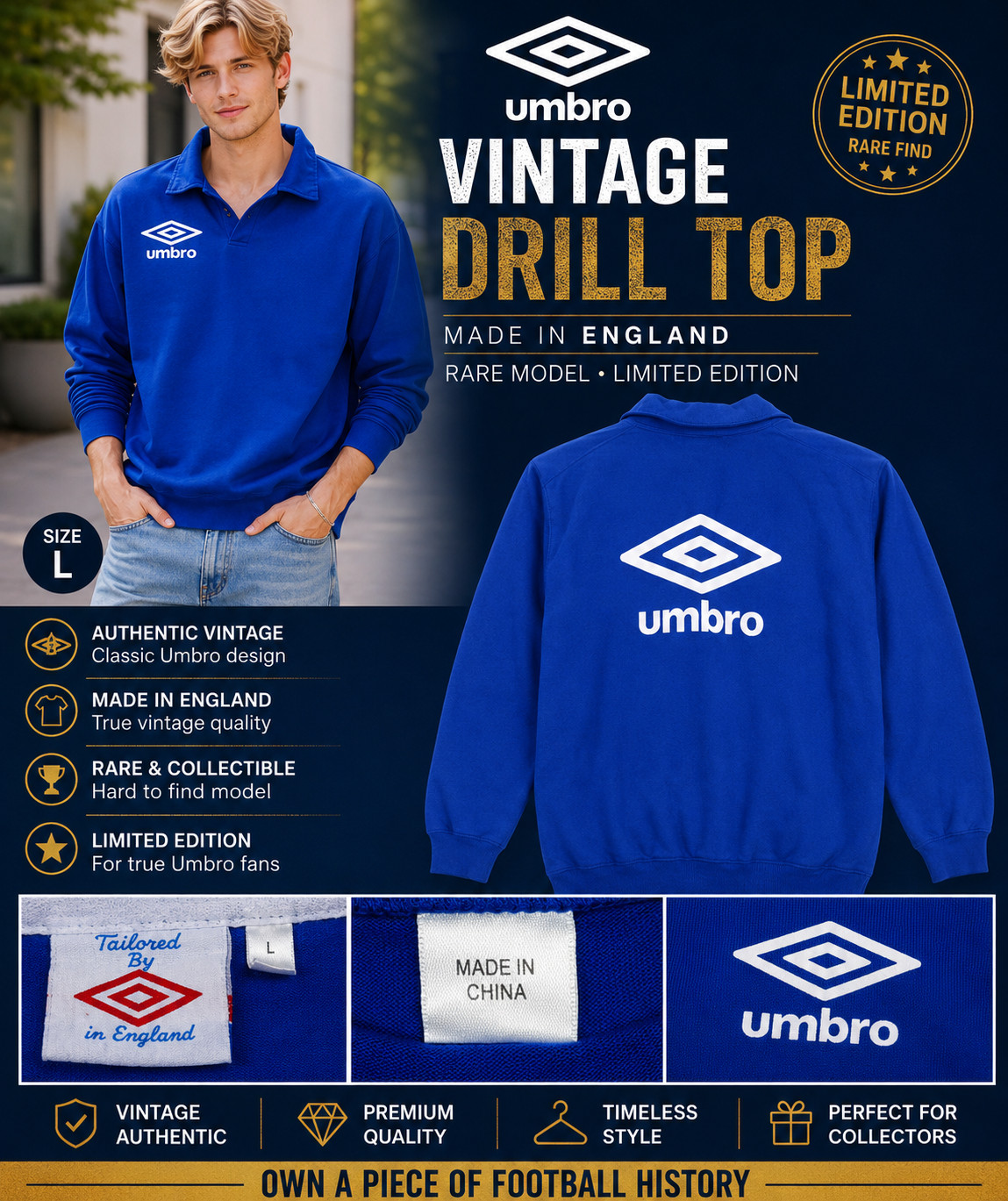 Umbro Vhtf Drill Top Made In England Vintage Men Rare Model Limited Edition Sz L gallery