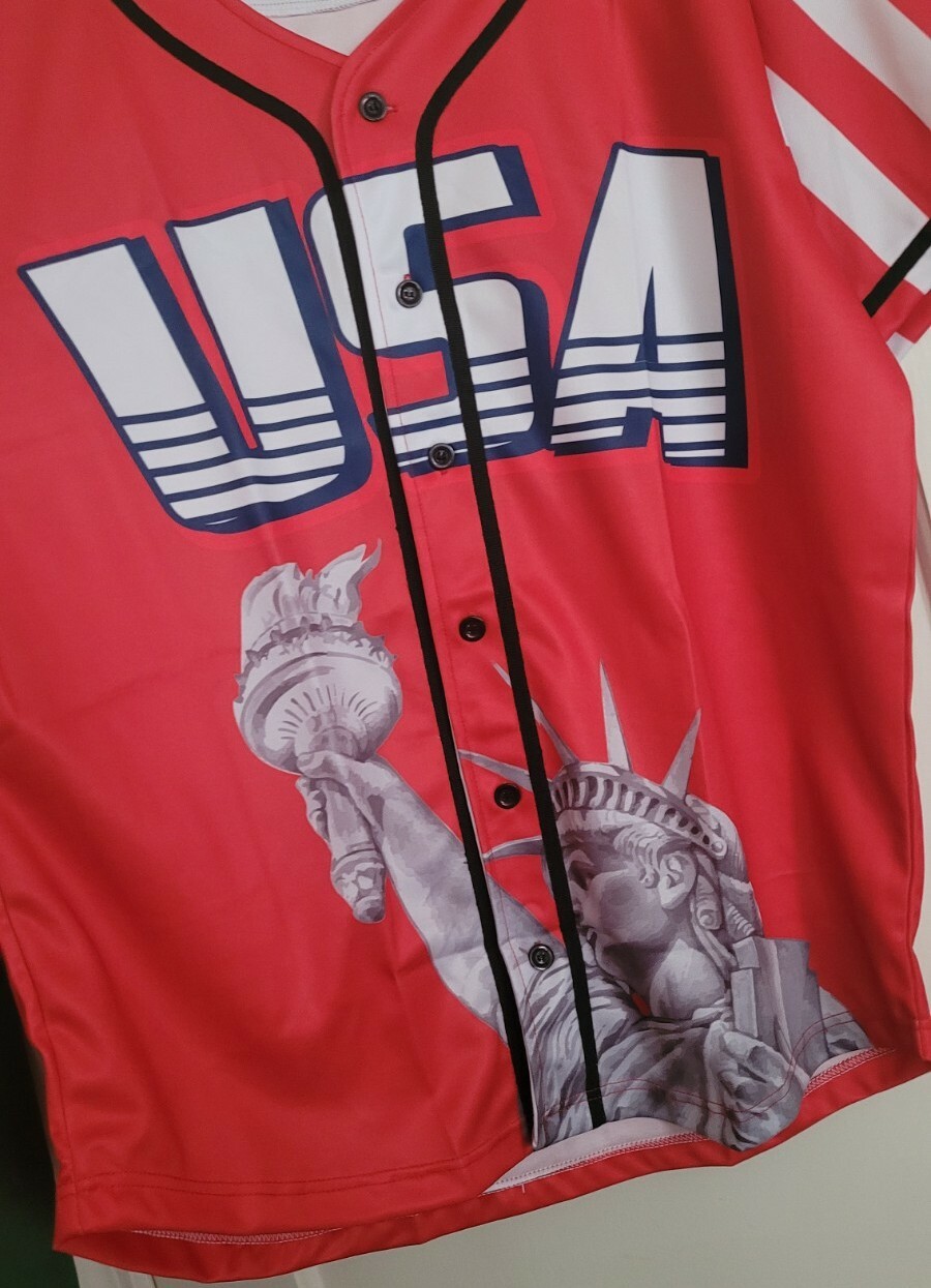 patriotic Olympic USA red white/ blue baseball style Jersey Statue of liberty lg gallery