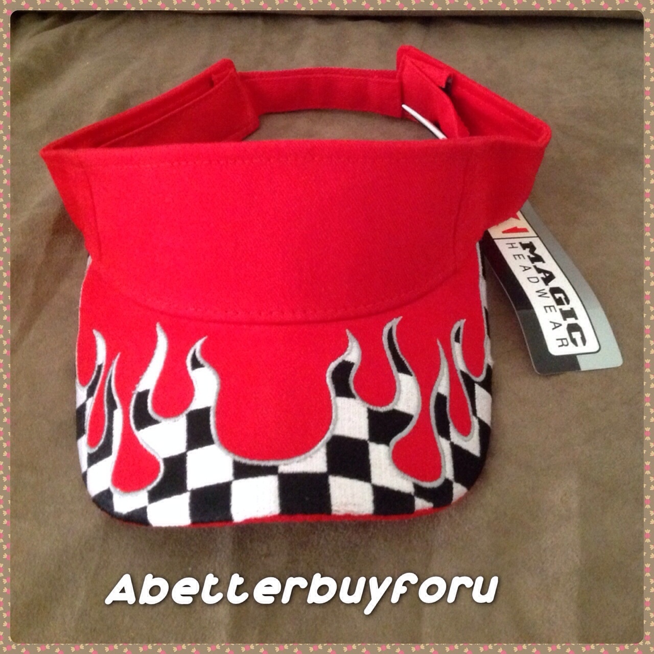 NWT adjustable red Magic Headwear checker flame visor, New with original tags gallery