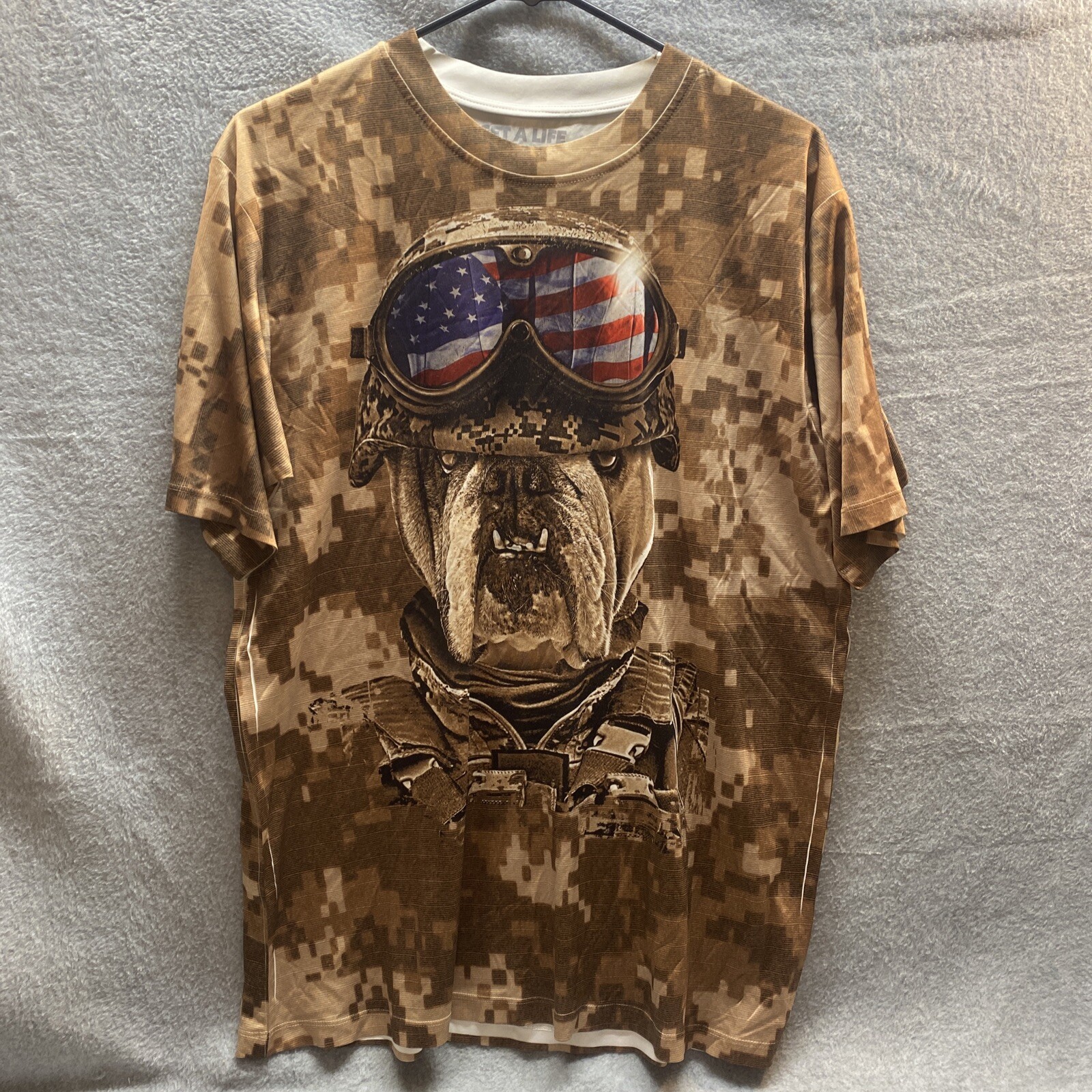GET A LIFE Dri Fit SHIRT Sz L Bull Dog American Flag Logo USA MILITARY Camo DOG gallery