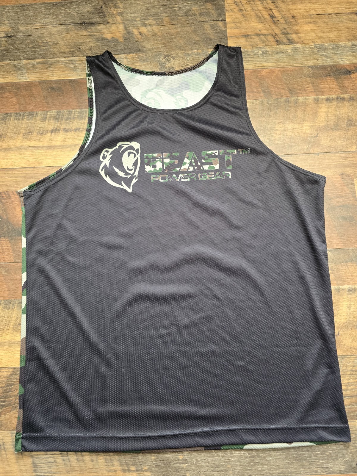 Beast Power Gear Gym Athlete Trainer Fitness Camo Black And Green Men XL Tanktop gallery