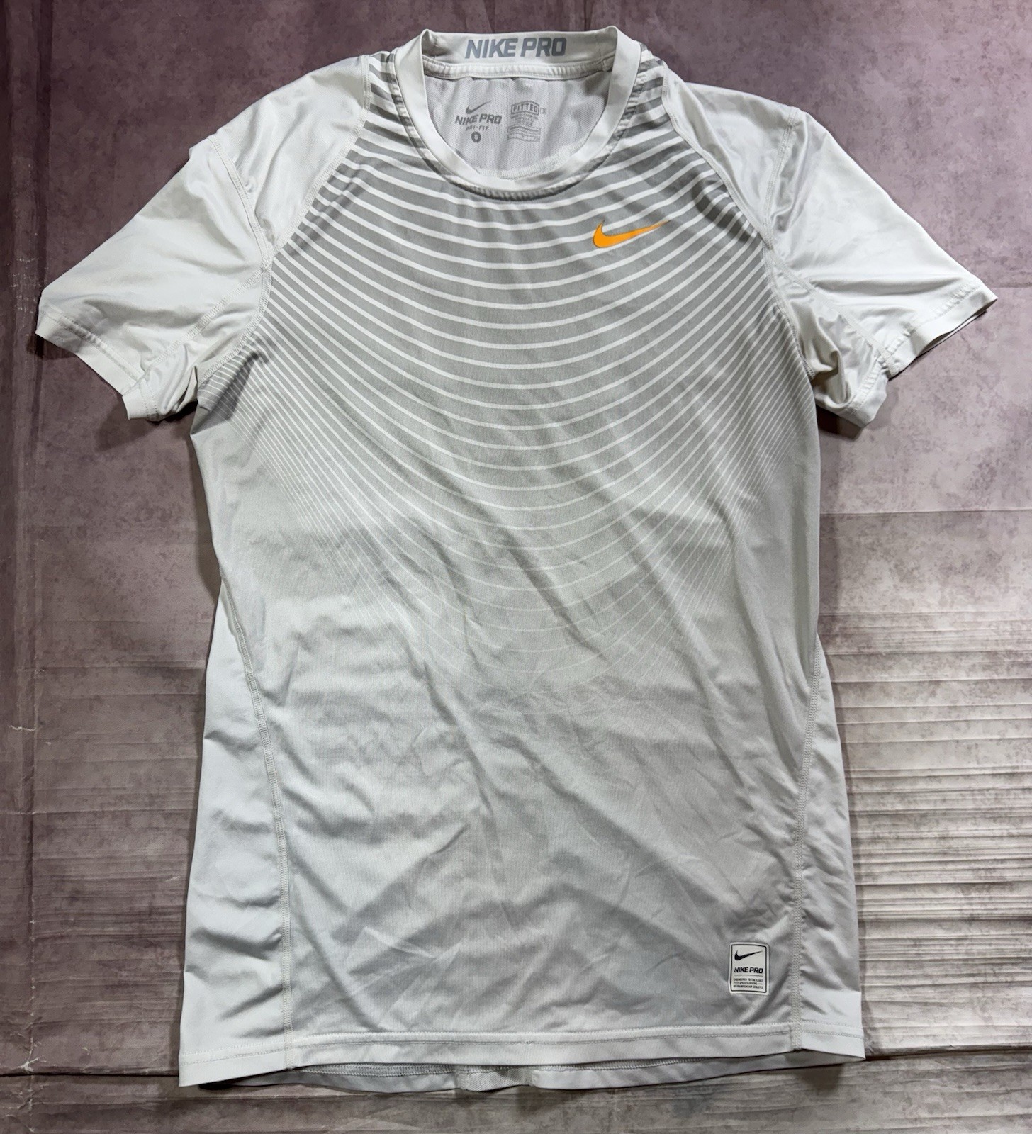Nike Pro Shirt Men’s Small White Gray Stripes Fitted Shirt Activewear Gym Train gallery