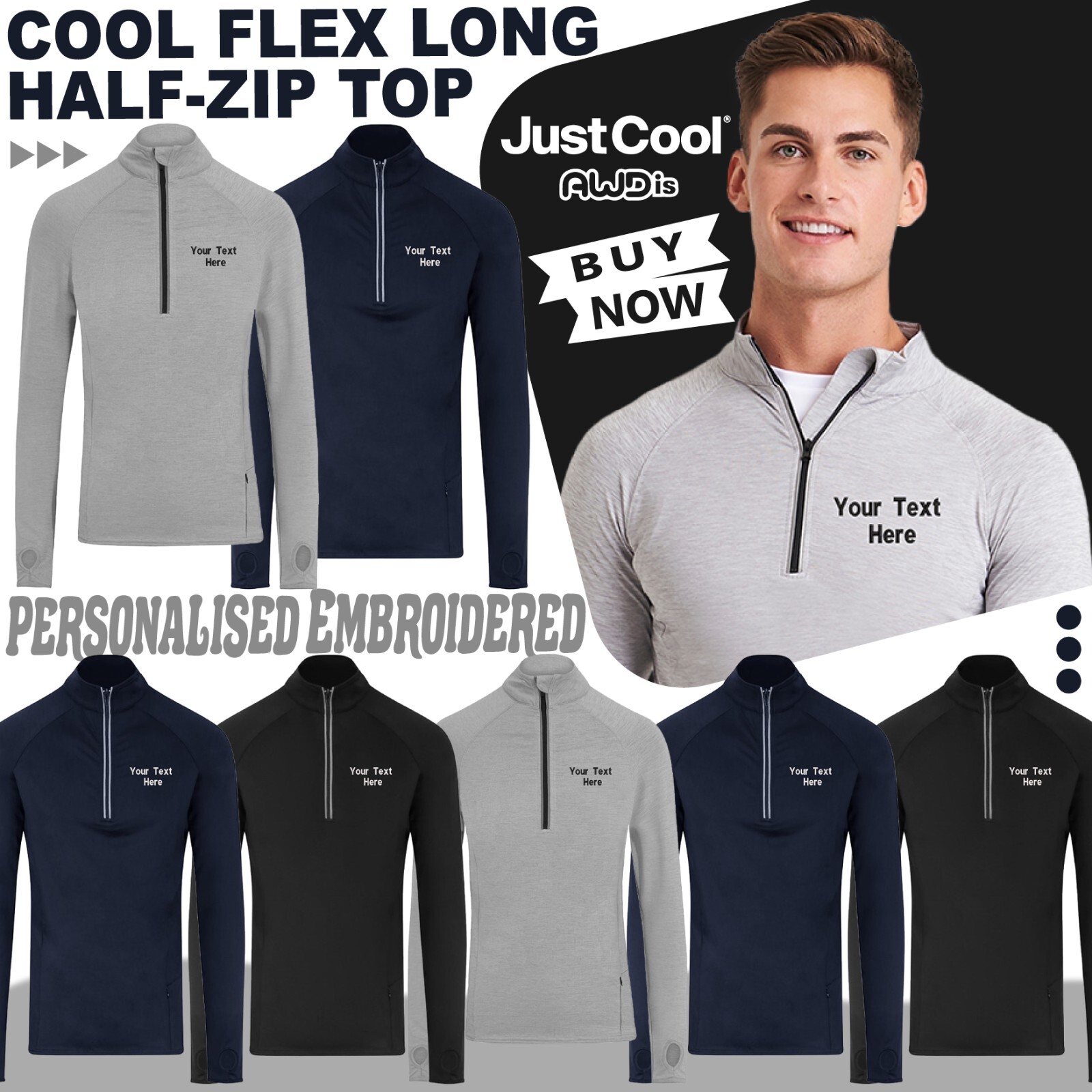 Personalised Custom Embroidered Just Cool Awdis Cool Flex Long Half-Zip Top gallery