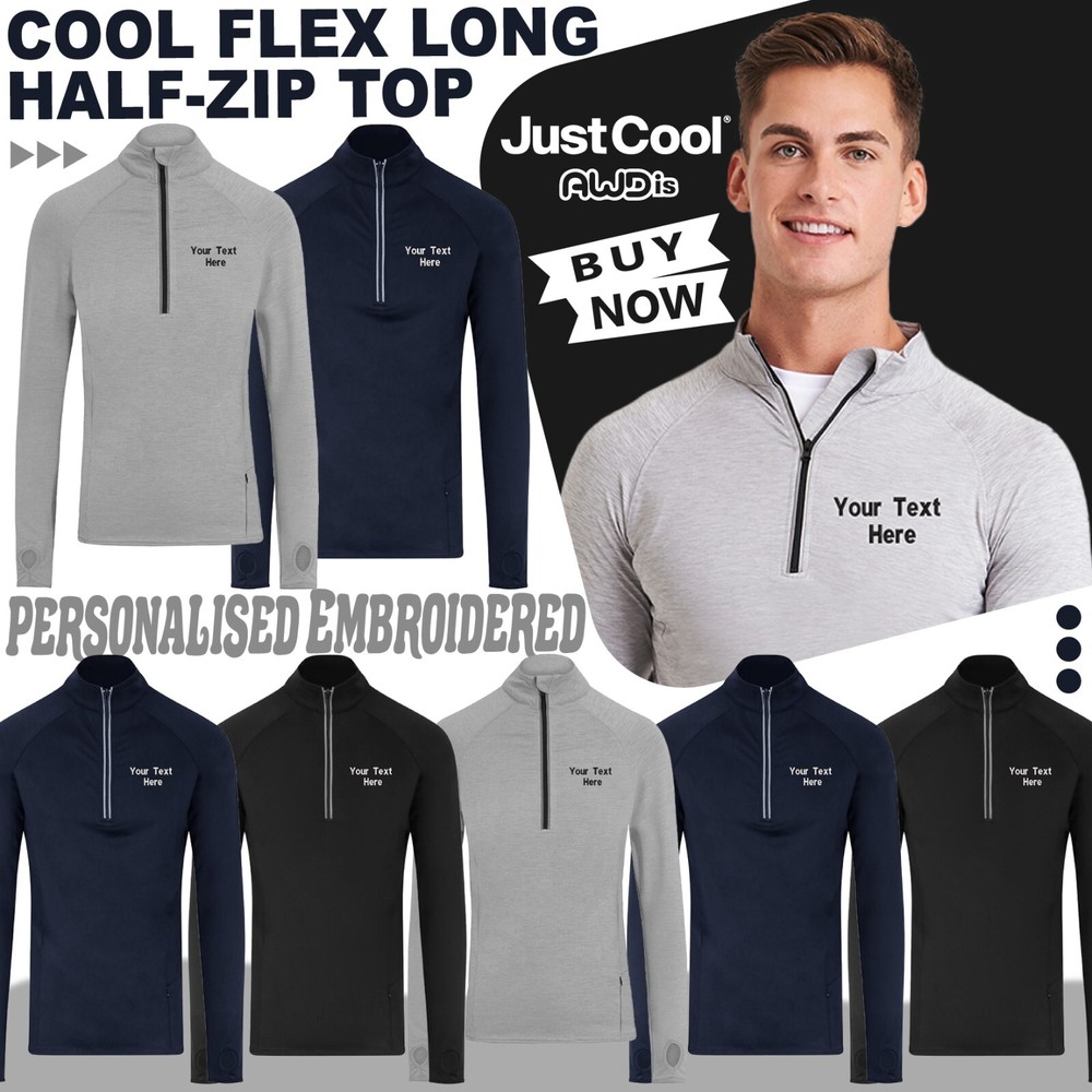 Personalised Custom Embroidered Just Cool Awdis Cool Flex Long Half-Zip Top