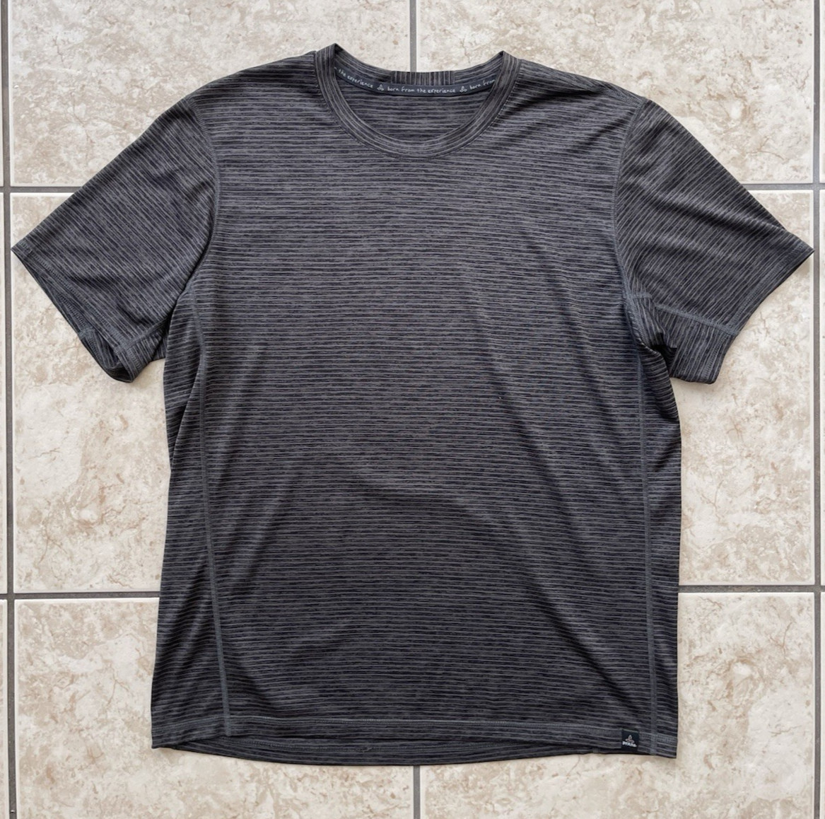 PrAna Hardesty Men's Short Sleeve Large Dark Rock Climbing Stripe T-Shirt Active gallery