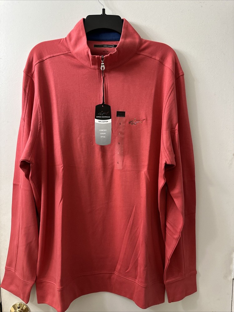Greg Norman 1/4 Zip Pullover 100% Cotton Coral/Pink Long Sleeve Size L (NWT)