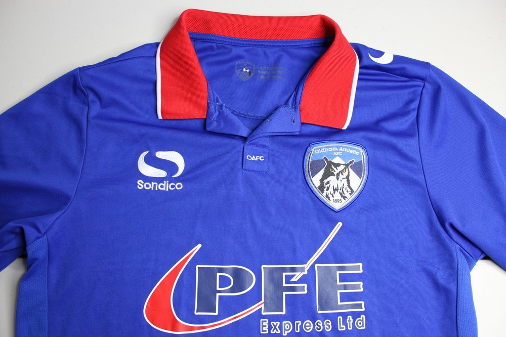 Mens M Medium Sondico Oldham Athletic AFC PFE Express Blue Soccer Polo Jersey