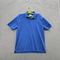 Under Armour Men Polo LG / G Blue Heatgear Activewear Logo Loose Short Sleeve