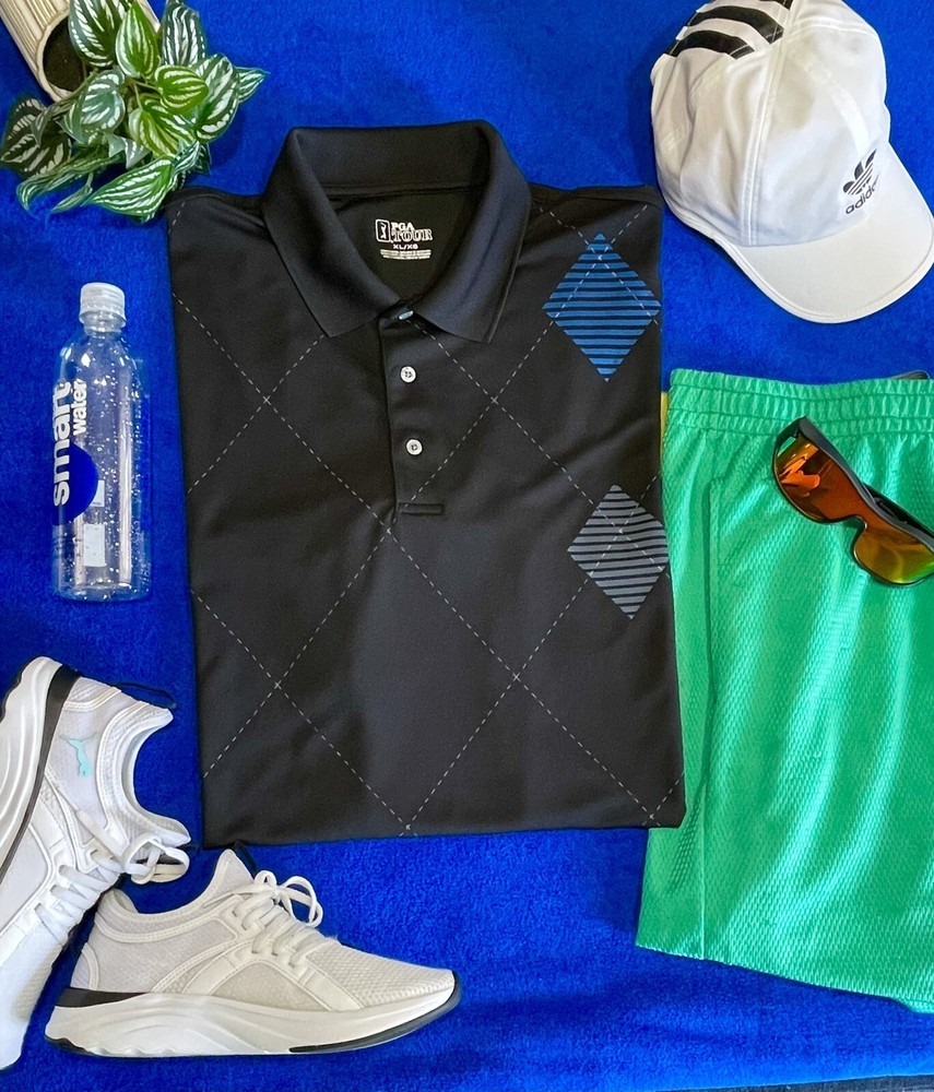 PGA TOUR Black Mens Golf Shirt Lightweight, Classic Fit XL.