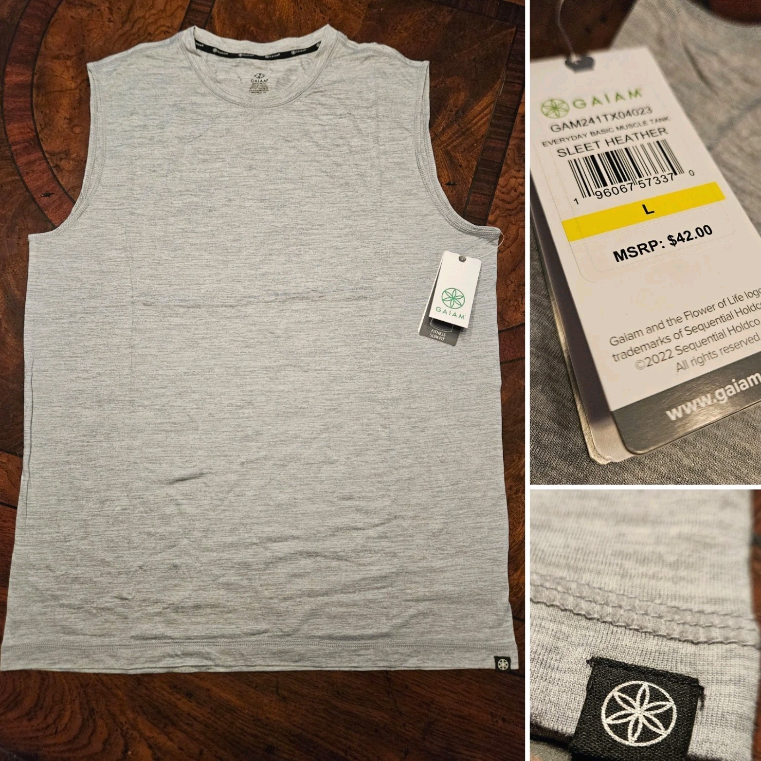 Mens Muscle Tank Top GAIAM Gray LARGE Tee Fitness Workout Gym Slim Fit Crew Neck gallery