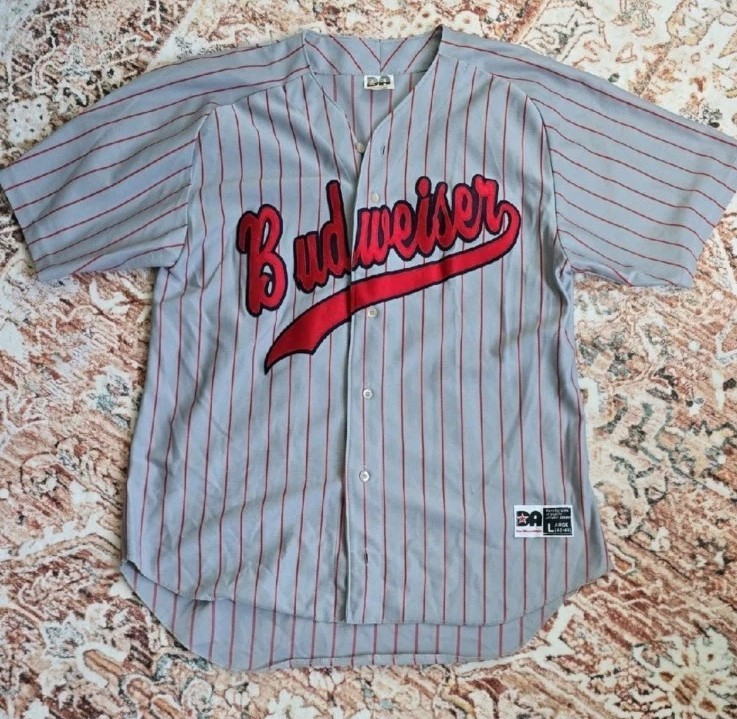 Vintage Budweiser Men's Gray And Red Striped Base Jersey Size L gallery