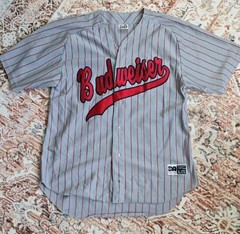 Vintage Budweiser Men’s Gray And Red Striped Base Jersey Size L
