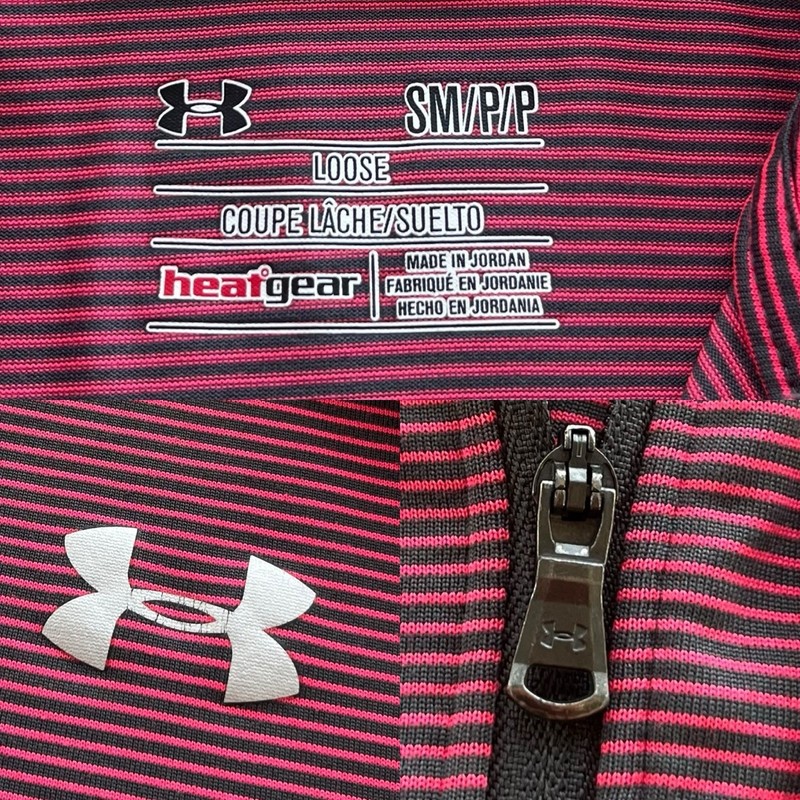 Under Armour Heat Gear Mens S Gray Pink Stripe 1/2 Zip Loose Fit Athletic Jacket gallery