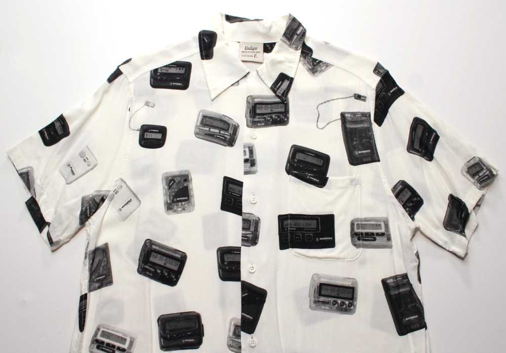 VTG BODEGA ~BEEP BEEP~ RAYON BUTTON SHIRT L aloha/pager/beeper/pagenet/skytel/nb