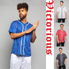 Men’s Hipster Team Uniform Pin Striped Baseball Jersey Short Sleeve Shirt BJ44