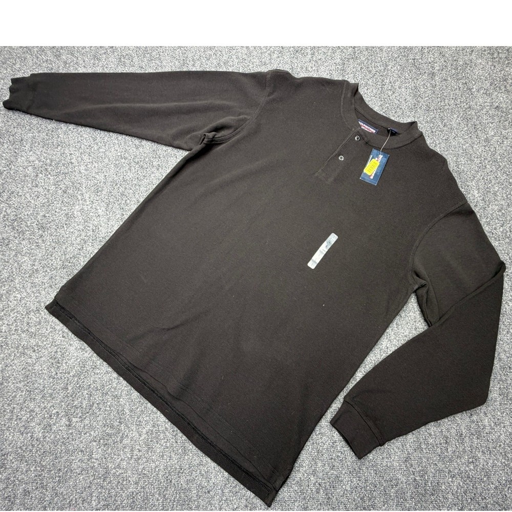 Roundtree & Yorke Henley Mens Large Black Waffle Knit Thermal Long Sleeve NEW