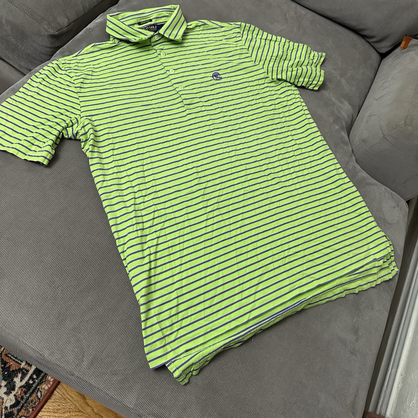 Polo Golf Ralph Lauren Green & Purple Stripe Vintage Lisle Polo Shirt Men's SZ L gallery