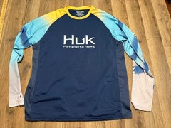 HUK Perfomance Fishing Shirt Men’s Large Blue Grey Yellow Long Slv Athletic Wear