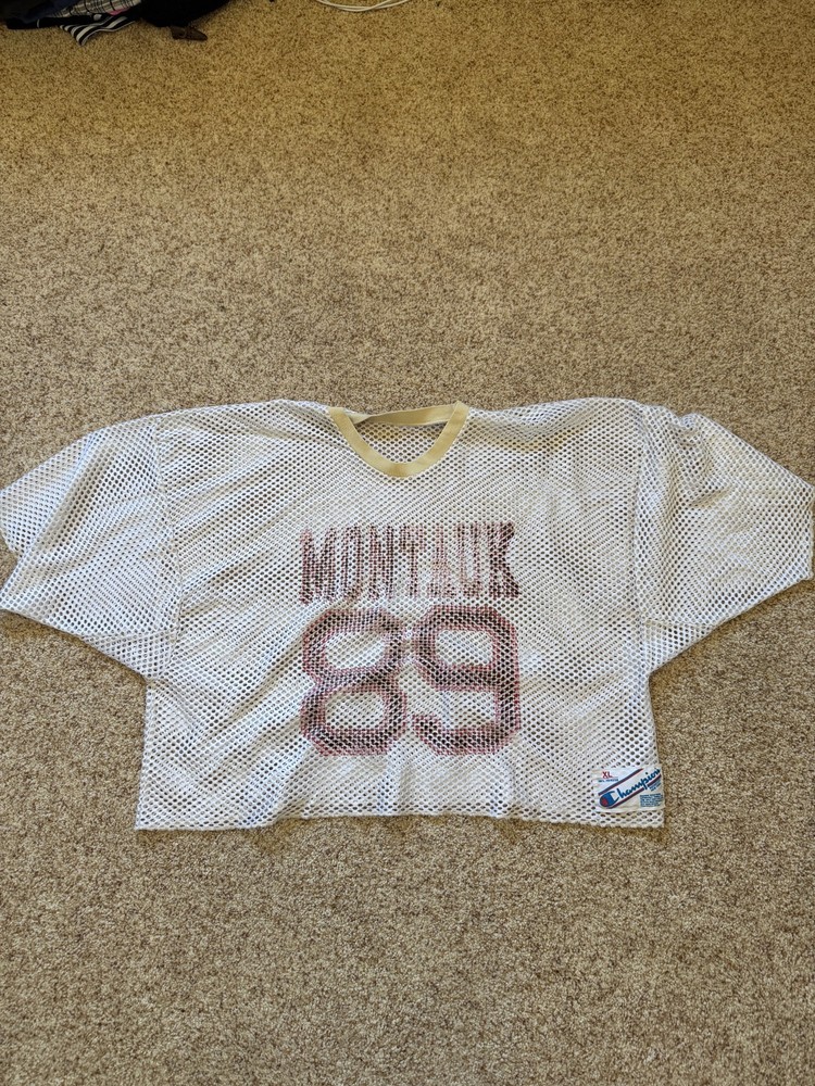 Vintage 80s Champion Montauk Football White Mesh Cropped Football Jersey Sz XL